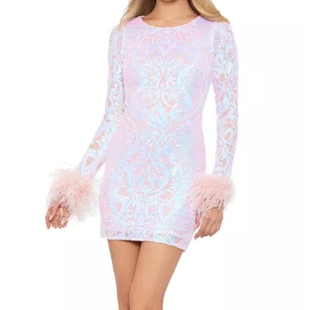 Blondie Nites Pink Iridescent Sequin Feather Cuff Mini Dress 3 Womens Juniors - Picture 1 of 12